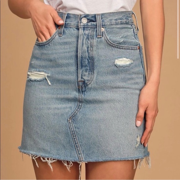 Levi's Dresses & Skirts - Levi's Like NEW High-rise Distressed Button Zip Fly Blue Mini Skirt
